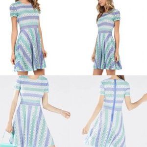 Bcbg Max Azria Designer Blue + Green Lace Short Sleeve Dress